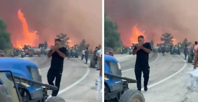Alevlerin ortasında tepki çeken görüntüler! Orman kül olurken, o sigara yaktı