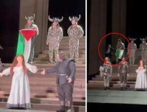 İngiltere’de Kraliyet Opera Salonu sahnesinde Filistin bayraklı protesto