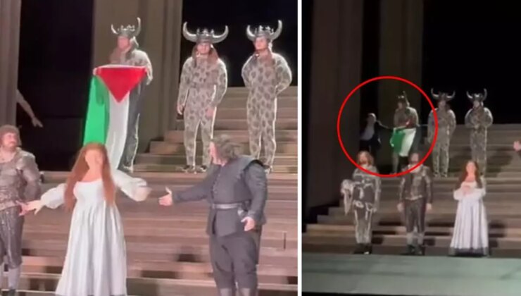 İngiltere’de Kraliyet Opera Salonu sahnesinde Filistin bayraklı protesto