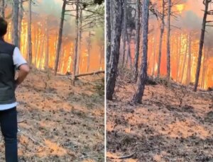 Orman bölge müdürü ve ekibinin alevlerin arasında kaldığı anlar kamerada