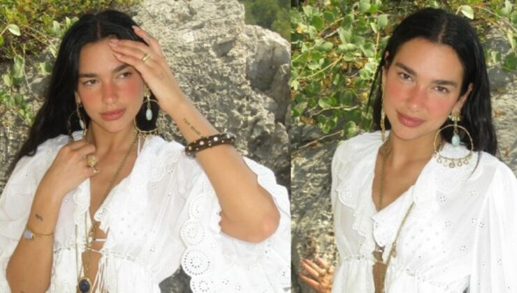 Dua Lipa plajda beyazlar içinde