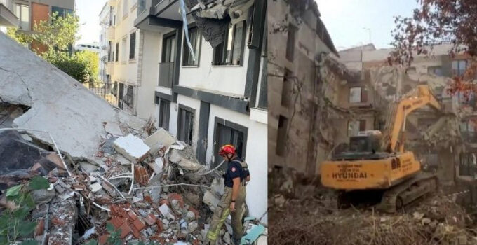Faciadan kıl payı dönüldü… Yıkım sırasında devrilen binayı iş makinesi ile tutmaya çalıştılar