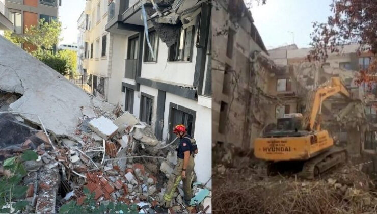 Faciadan kıl payı dönüldü… Yıkım sırasında devrilen binayı iş makinesi ile tutmaya çalıştılar