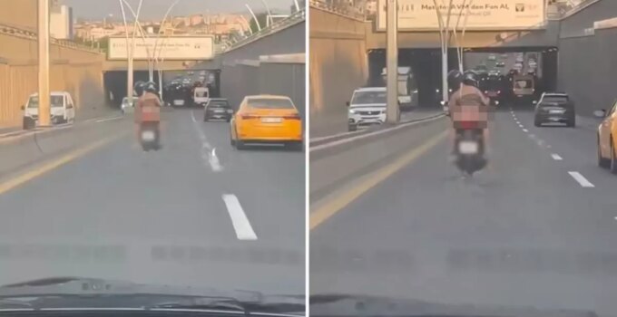 Motosikletin arkasında, iç çamaşırıyla seyahat etti