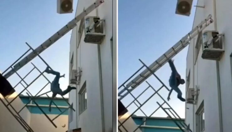 Sırtındaki klimayla birlikte metrelerce yükseklikten düştü