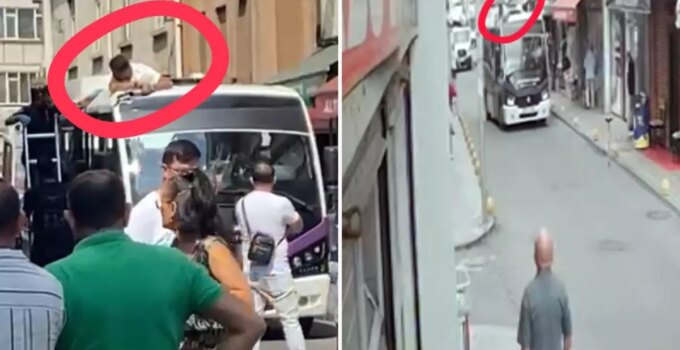 Sokaktaki kamerayı tamir ederken, dolmuşun üzerine düştü
