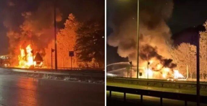 Tehlikeli anlar! Dorsesinde yangın çıkan tır alevlerle 8 kilometre ilerledi