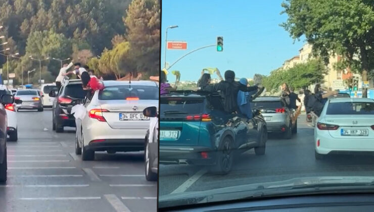 İlçeler farklı görüntüler aynı! Düğün konvoyunda slalom yapıp camdan sarktılar