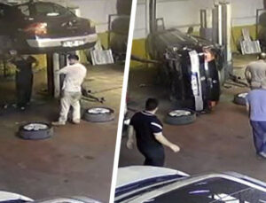 Tamir edilen otomobil liftten düştü, tamirci son anda kurtuldu