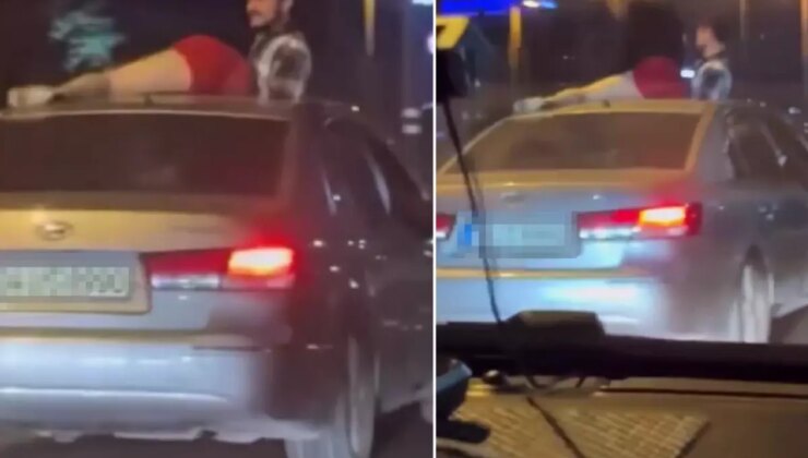 Seyir halindeki otomobilin tavanında twerk yapmaya çalıştı