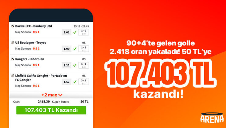 90+4’te gelen golle 2.418 oran yakaladı! 50 TL’ye 107.403 TL kazandı…