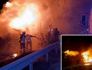 Hatay’da feci kaza: Bariyerlere çarpıp devrilen TIR alev aldı! 2 kişi hayatını kaybetti
