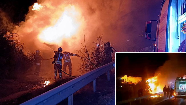 Hatay’da feci kaza: Bariyerlere çarpıp devrilen TIR alev aldı! 2 kişi hayatını kaybetti