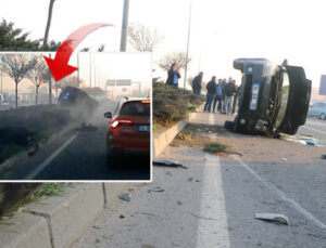 Makas atan aracın çarptığı otomobil devrildi: O anlar kamerada
