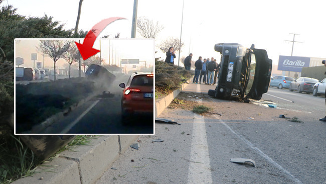 Makas atan aracın çarptığı otomobil devrildi: O anlar kamerada