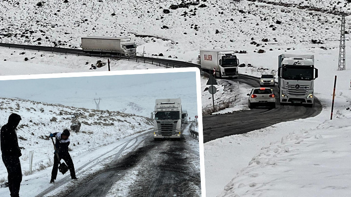 Ardahan’da buz tutan rampada TIR şoförleri mahsur kaldı! Araç kuyrukları oluştu