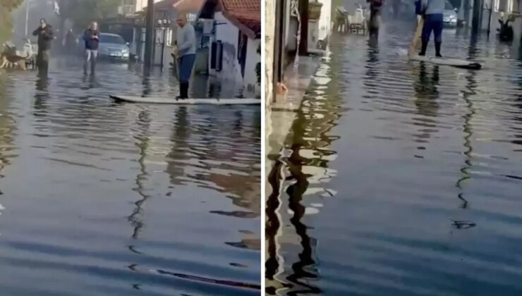 Göle dönen yolda kano ile ilerledi