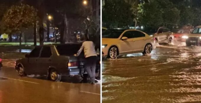Sağanak yağış hayatı felç etti! Arabalar sular arasında kaldı
