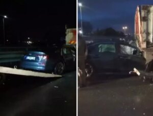 Seyir halindeyken tekeri kopan otomobil kamyona çarptı