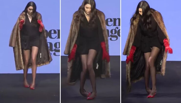 Ünlü mankenin podyumda zor anları! Bir adım bile atamadı